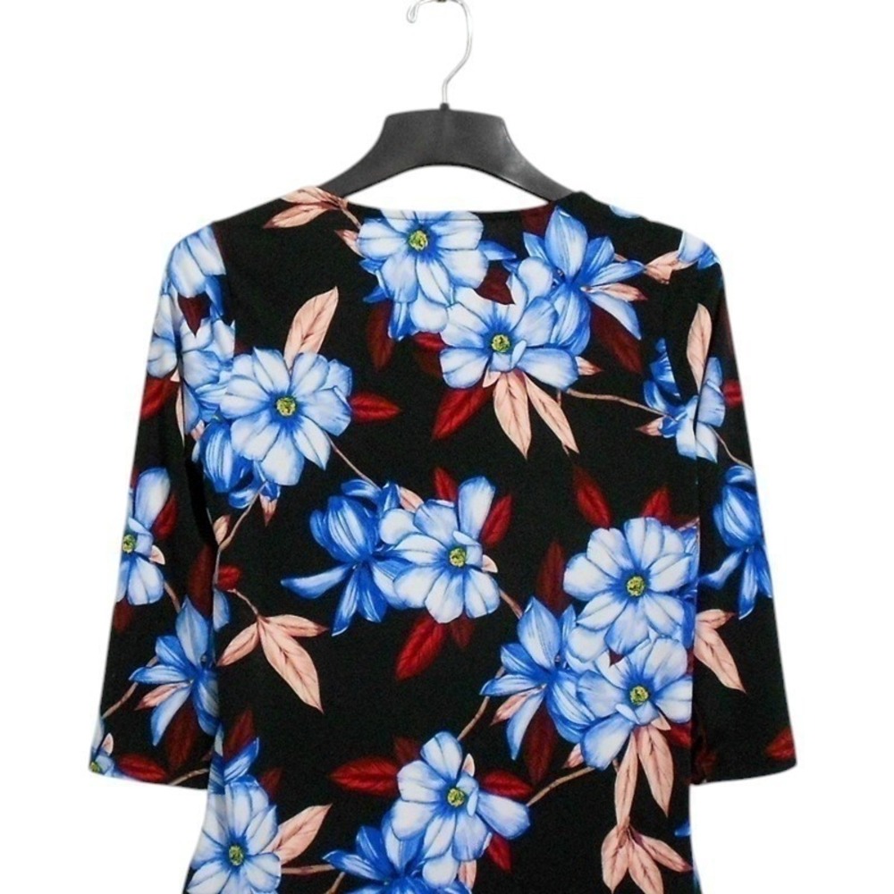 Liz‎ Claiborne Top Small Black Floral Print 3/4 Sleeve Round Keyhole Neck Career - Picture 6 of 9